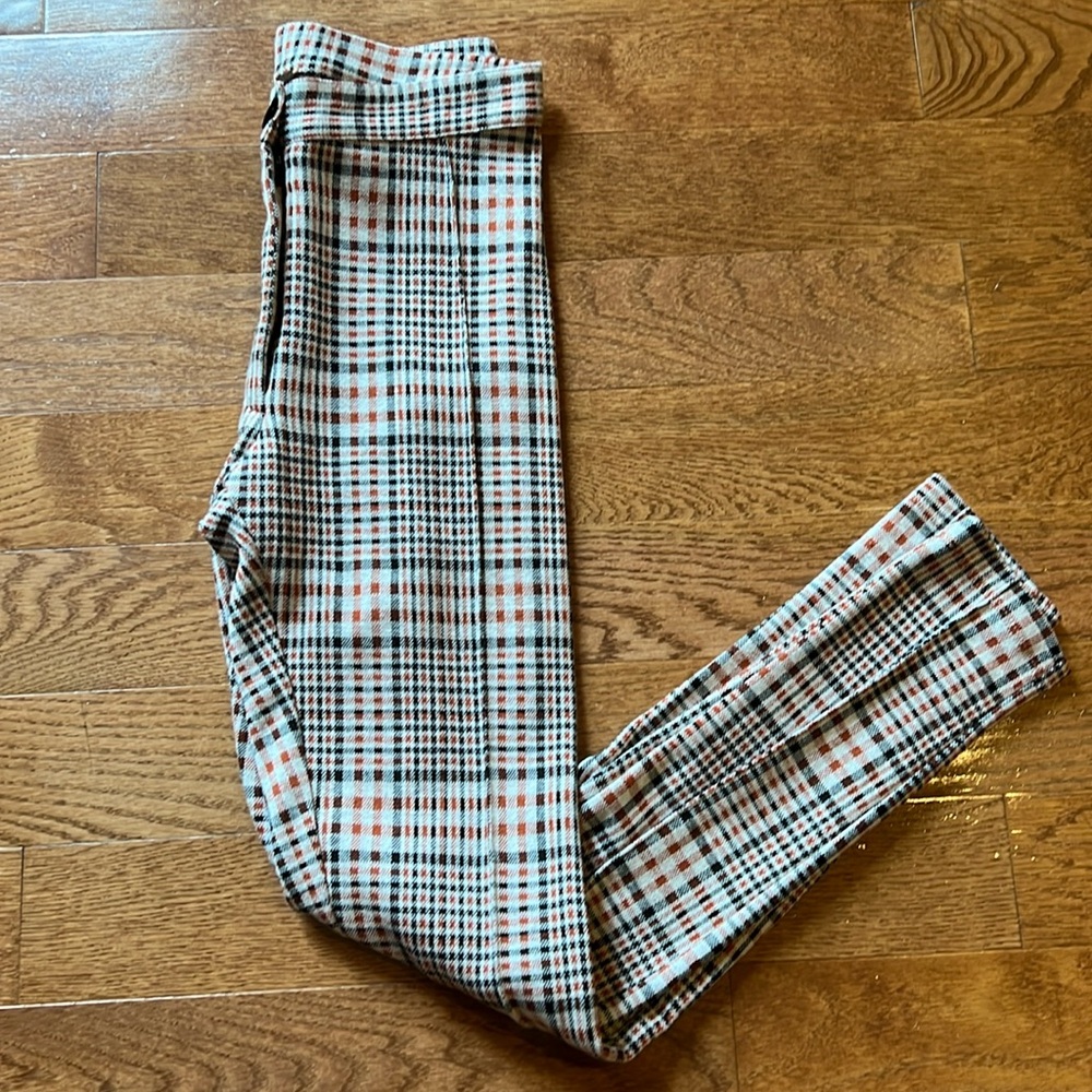 Free People size 0 orange tan black stretch plaid pants button w/zipper …